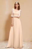 Illusion Neck Cap Sleeves Chiffon Bridesmaid Dress with Lace Formal Evening Prom Gowns