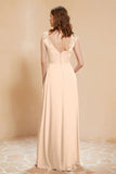 Illusion Neck Cap Sleeves Chiffon Bridesmaid Dress with Lace Formal Evening Prom Gowns