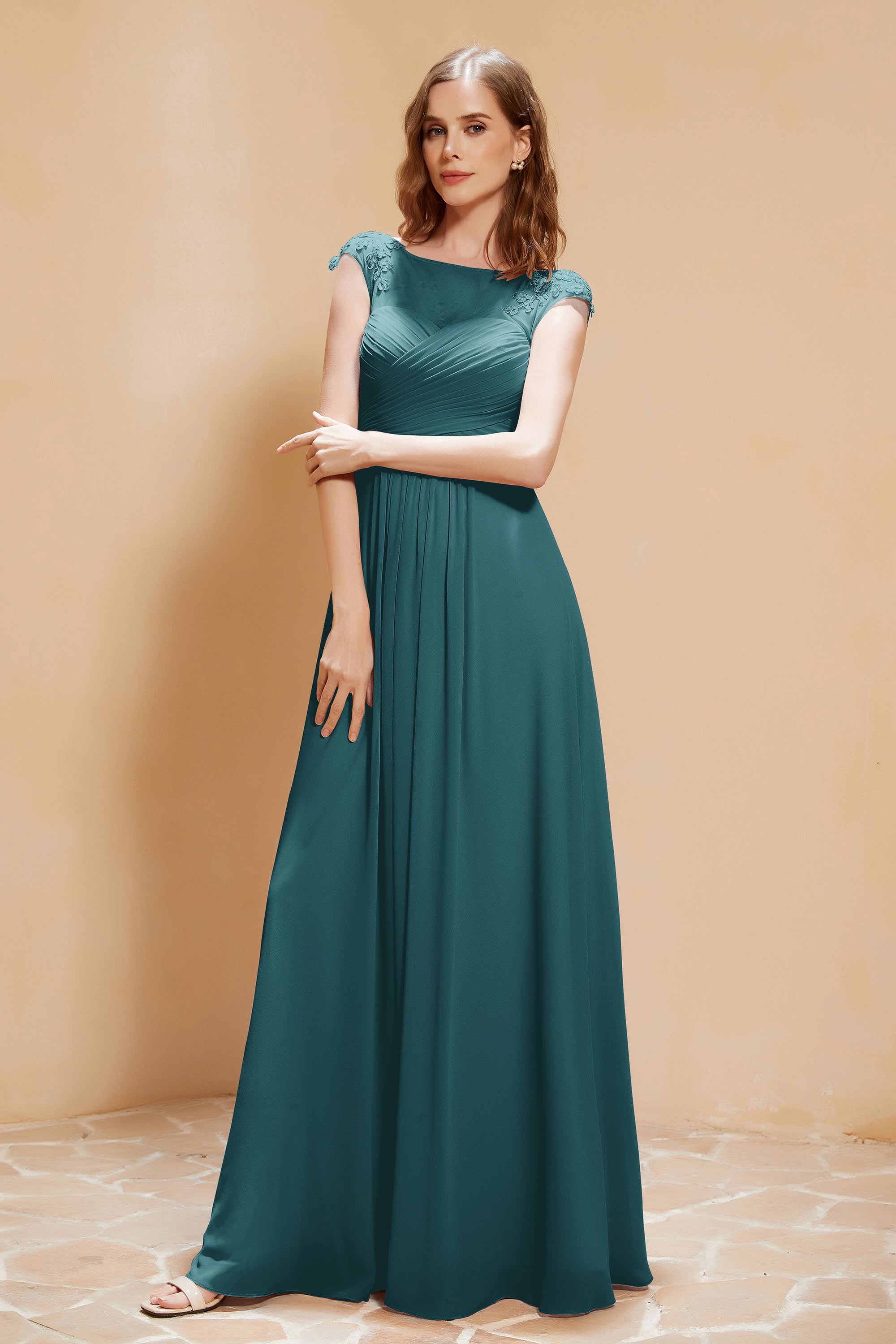 Illusion Neck Cap Sleeves Chiffon Bridesmaid Dress with Lace Formal Evening Prom Gowns