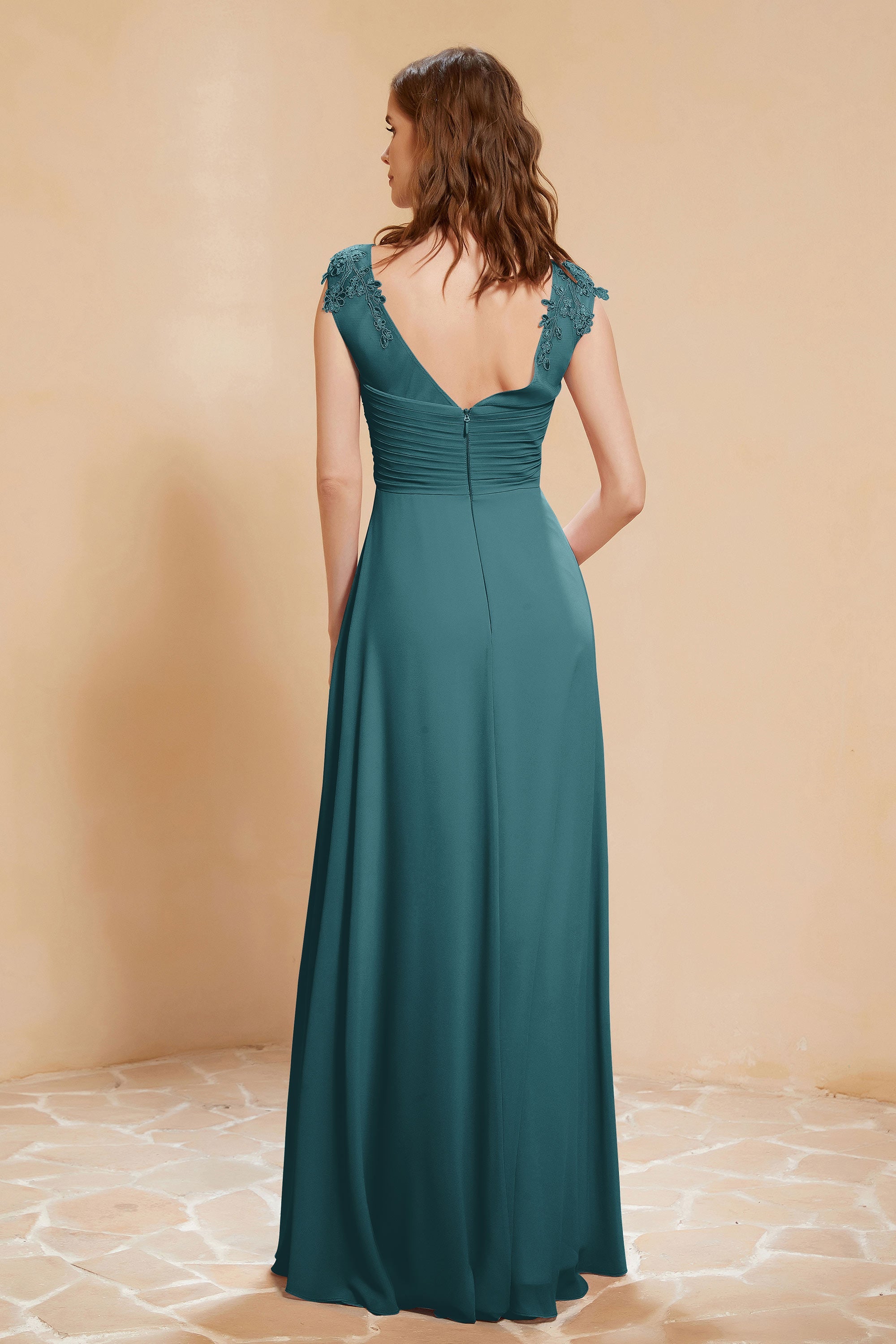Illusion Neck Cap Sleeves Chiffon Bridesmaid Dress with Lace Formal Evening Prom Gowns