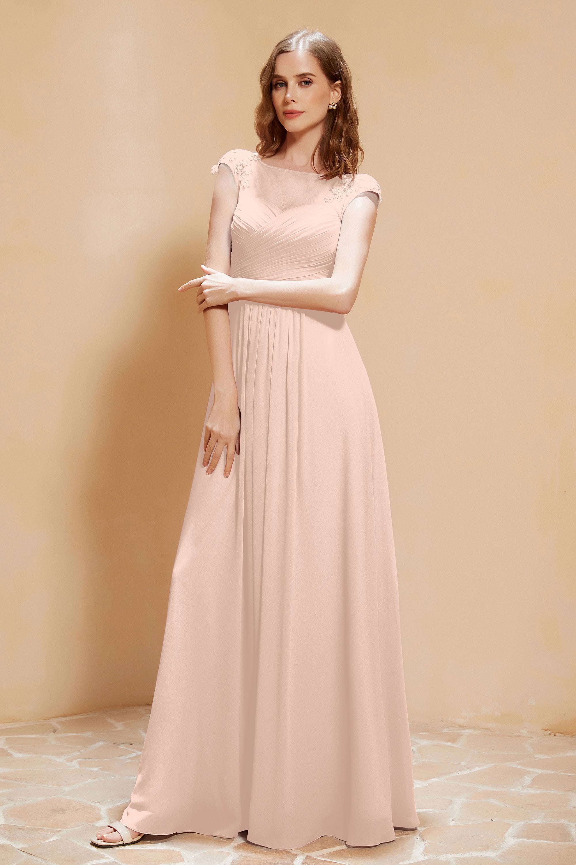 Illusion Neck Cap Sleeves Chiffon Bridesmaid Dress with Lace Formal Evening Prom Gowns