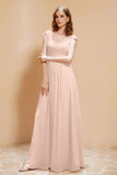 Illusion Neck Cap Sleeves Chiffon Bridesmaid Dress with Lace Formal Evening Prom Gowns
