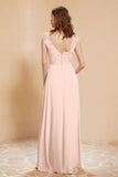 Illusion Neck Cap Sleeves Chiffon Bridesmaid Dress with Lace Formal Evening Prom Gowns