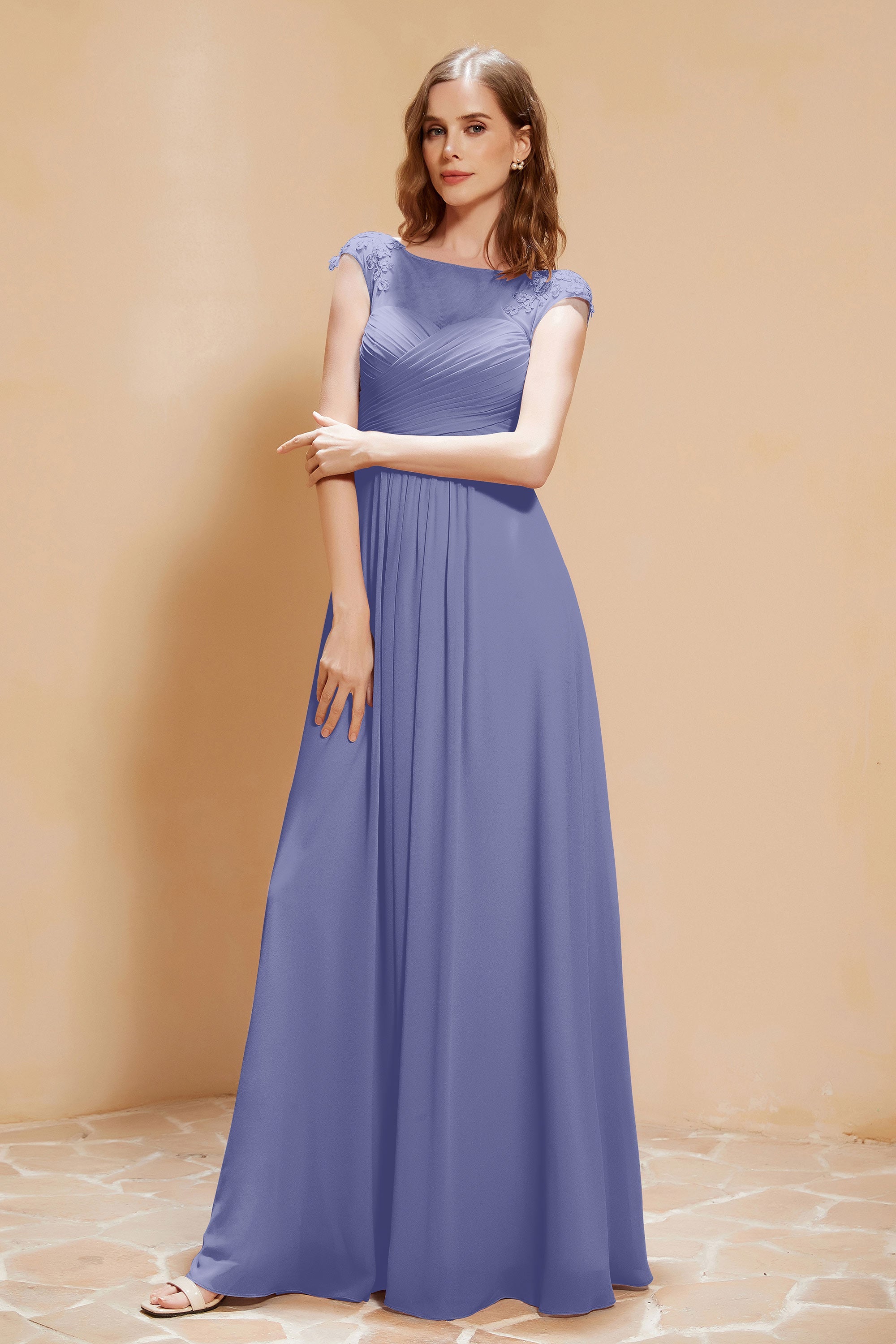 Illusion Neck Cap Sleeves Chiffon Bridesmaid Dress with Lace Formal Evening Prom Gowns