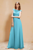 Illusion Neck Cap Sleeves Chiffon Bridesmaid Dress with Lace Formal Evening Prom Gowns