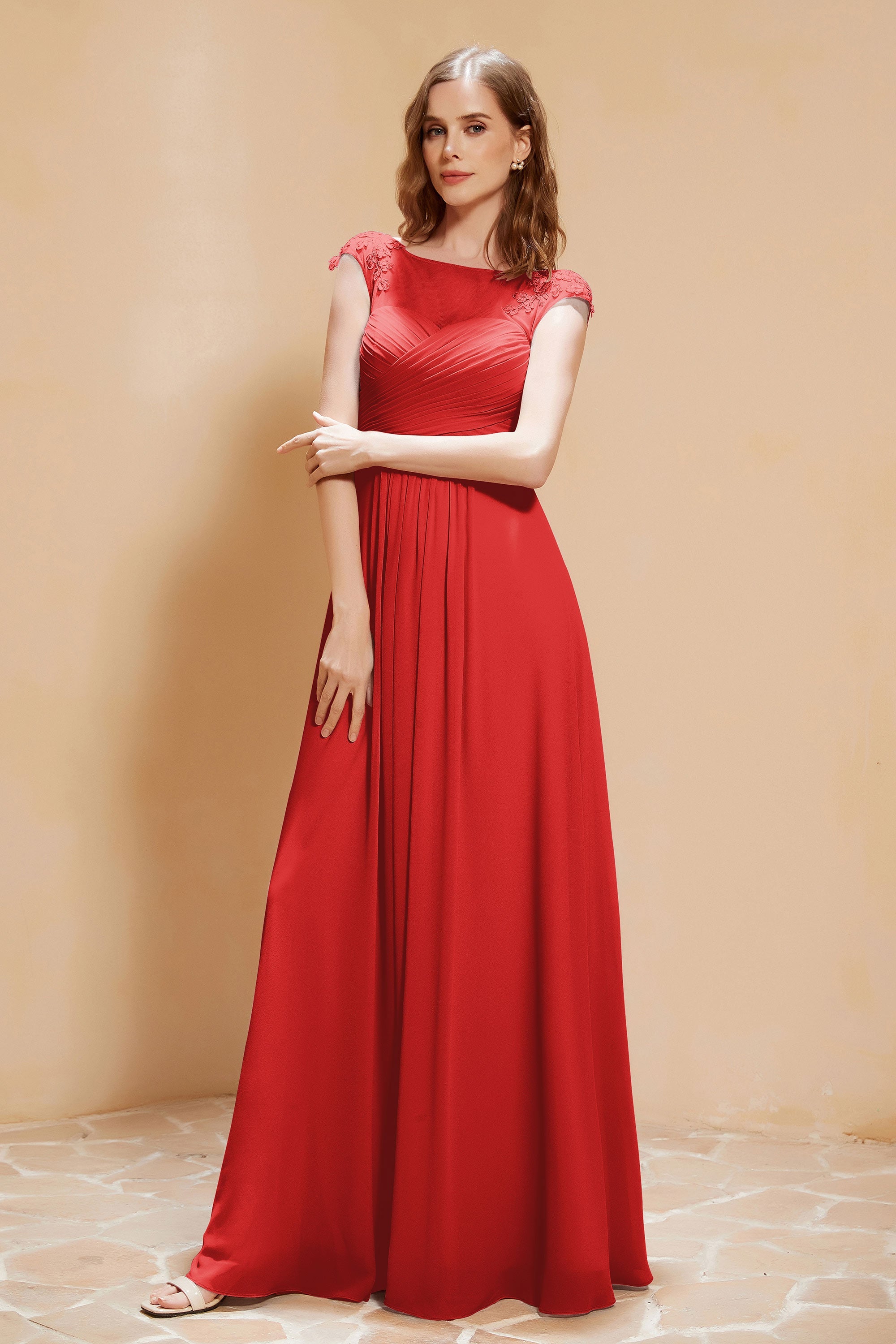 Illusion Neck Cap Sleeves Chiffon Bridesmaid Dress with Lace Formal Evening Prom Gowns