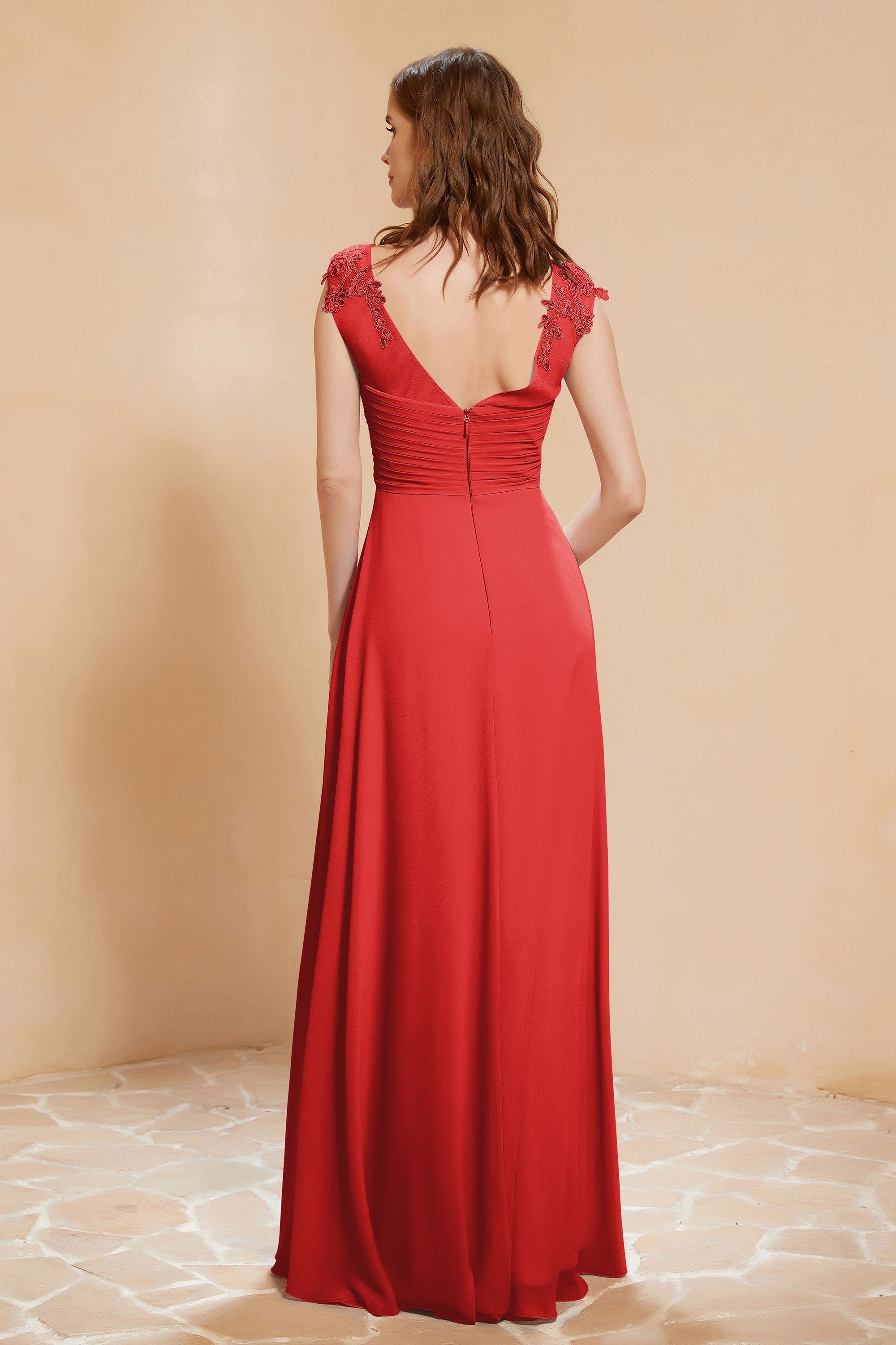 Illusion Neck Cap Sleeves Chiffon Bridesmaid Dress with Lace Formal Evening Prom Gowns