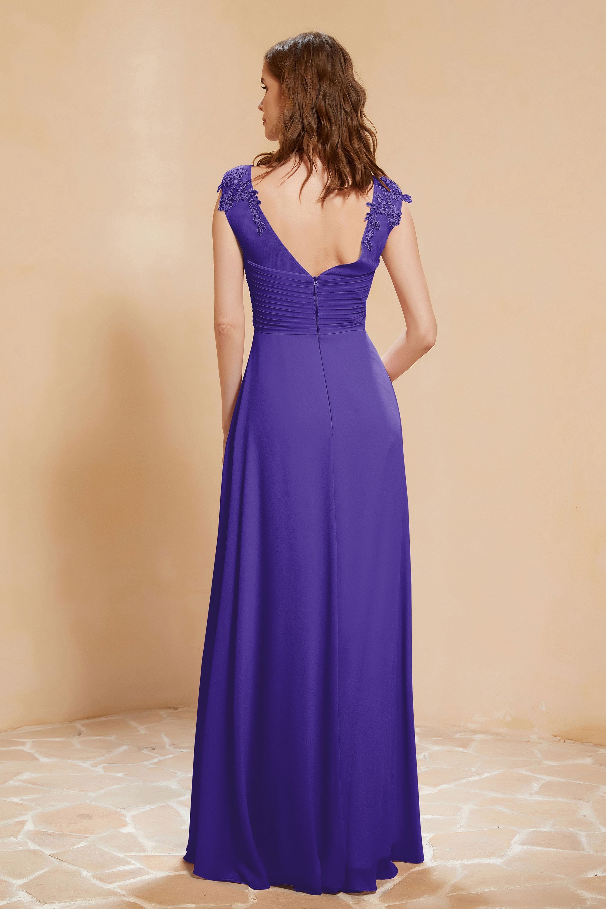 Illusion Neck Cap Sleeves Chiffon Bridesmaid Dress with Lace Formal Evening Prom Gowns
