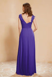 Illusion Neck Cap Sleeves Chiffon Bridesmaid Dress with Lace Formal Evening Prom Gowns