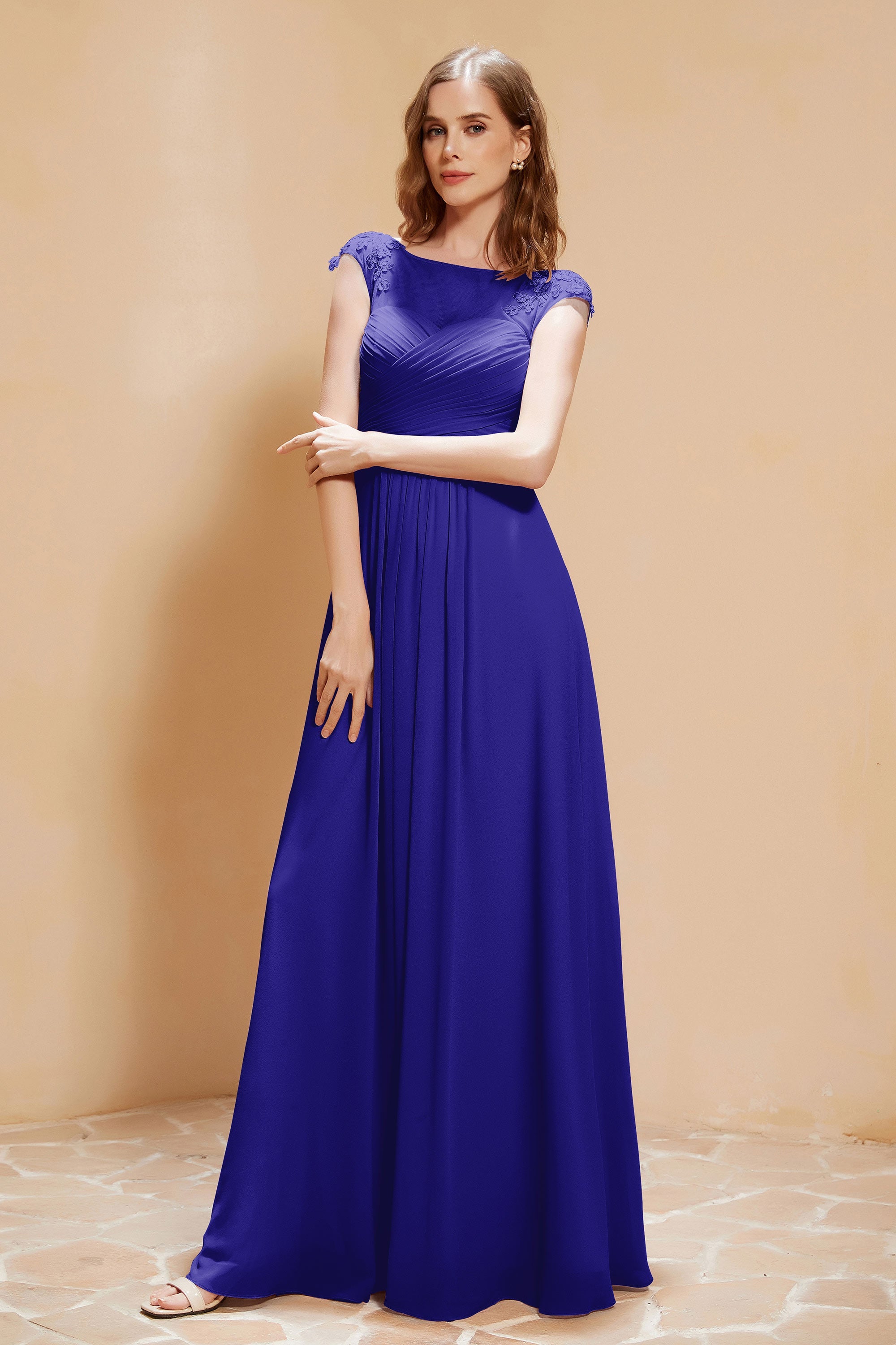 Illusion Neck Cap Sleeves Chiffon Bridesmaid Dress with Lace Formal Evening Prom Gowns