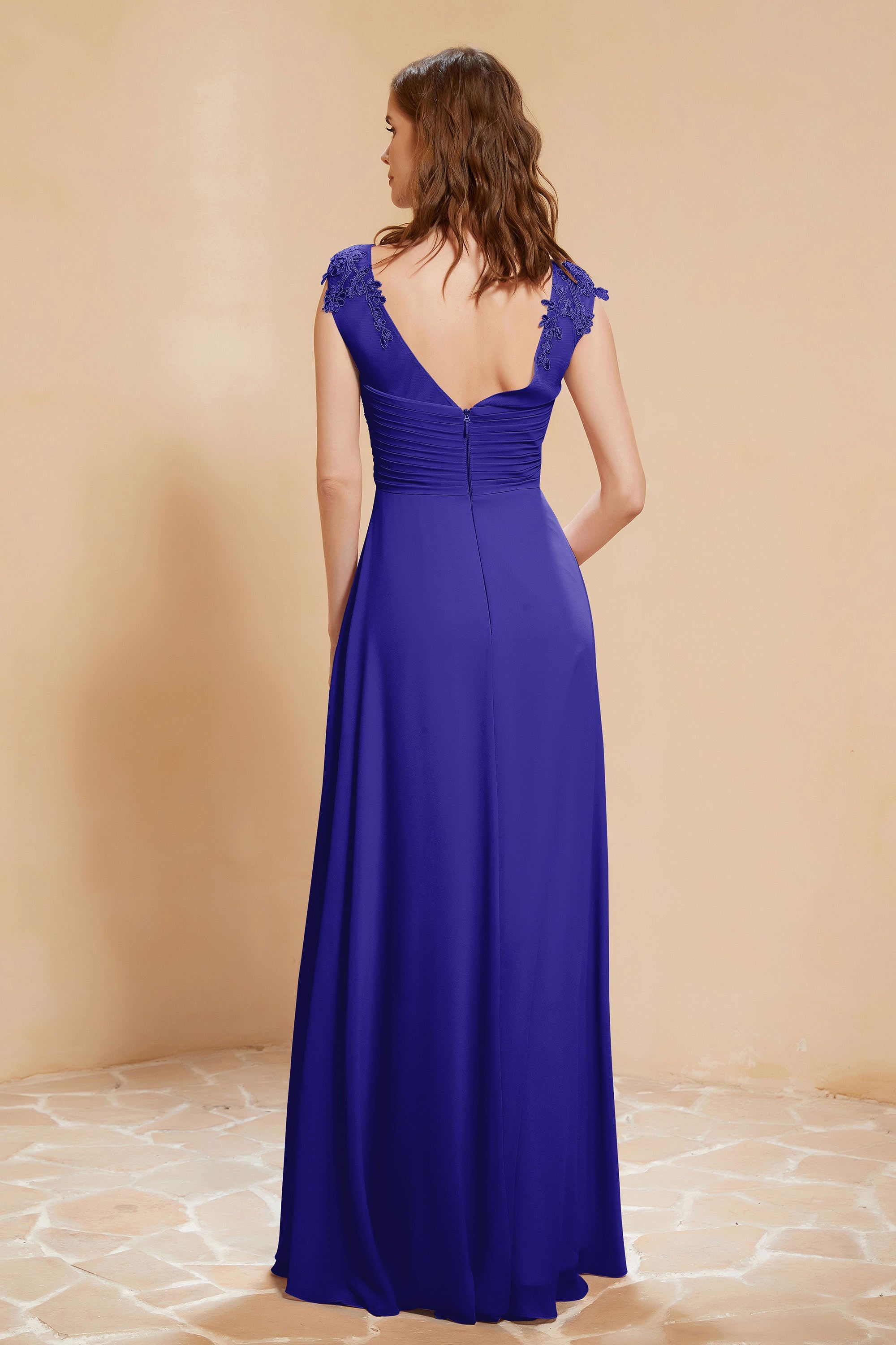 Illusion Neck Cap Sleeves Chiffon Bridesmaid Dress with Lace Formal Evening Prom Gowns