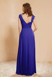 Illusion Neck Cap Sleeves Chiffon Bridesmaid Dress with Lace Formal Evening Prom Gowns