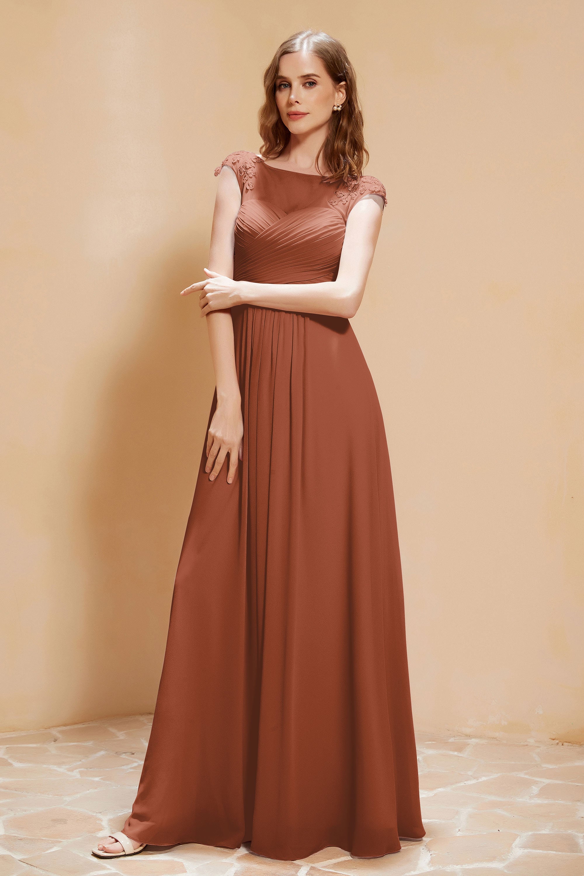 Illusion Neck Cap Sleeves Chiffon Bridesmaid Dress with Lace Formal Evening Prom Gowns