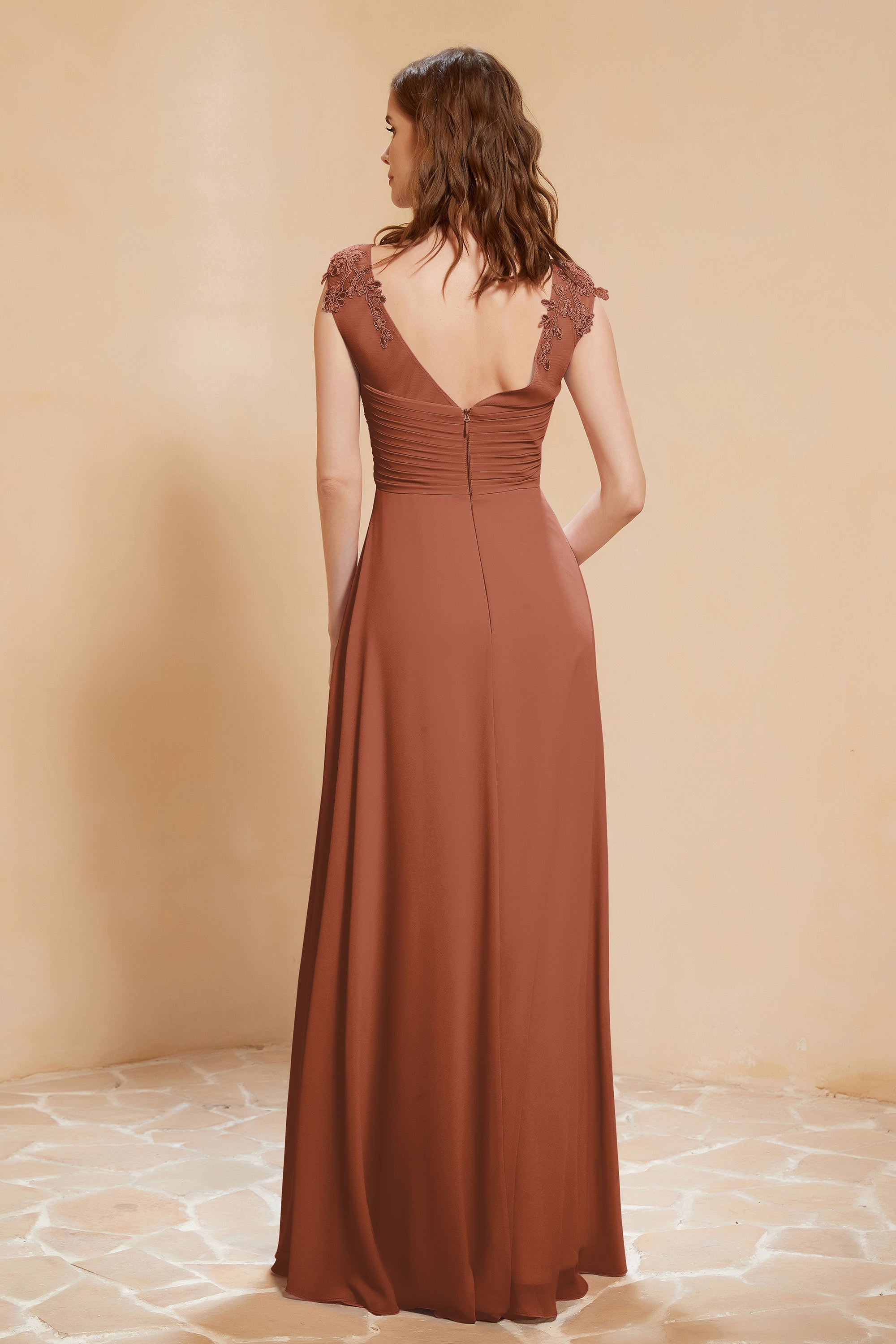 Illusion Neck Cap Sleeves Chiffon Bridesmaid Dress with Lace Formal Evening Prom Gowns