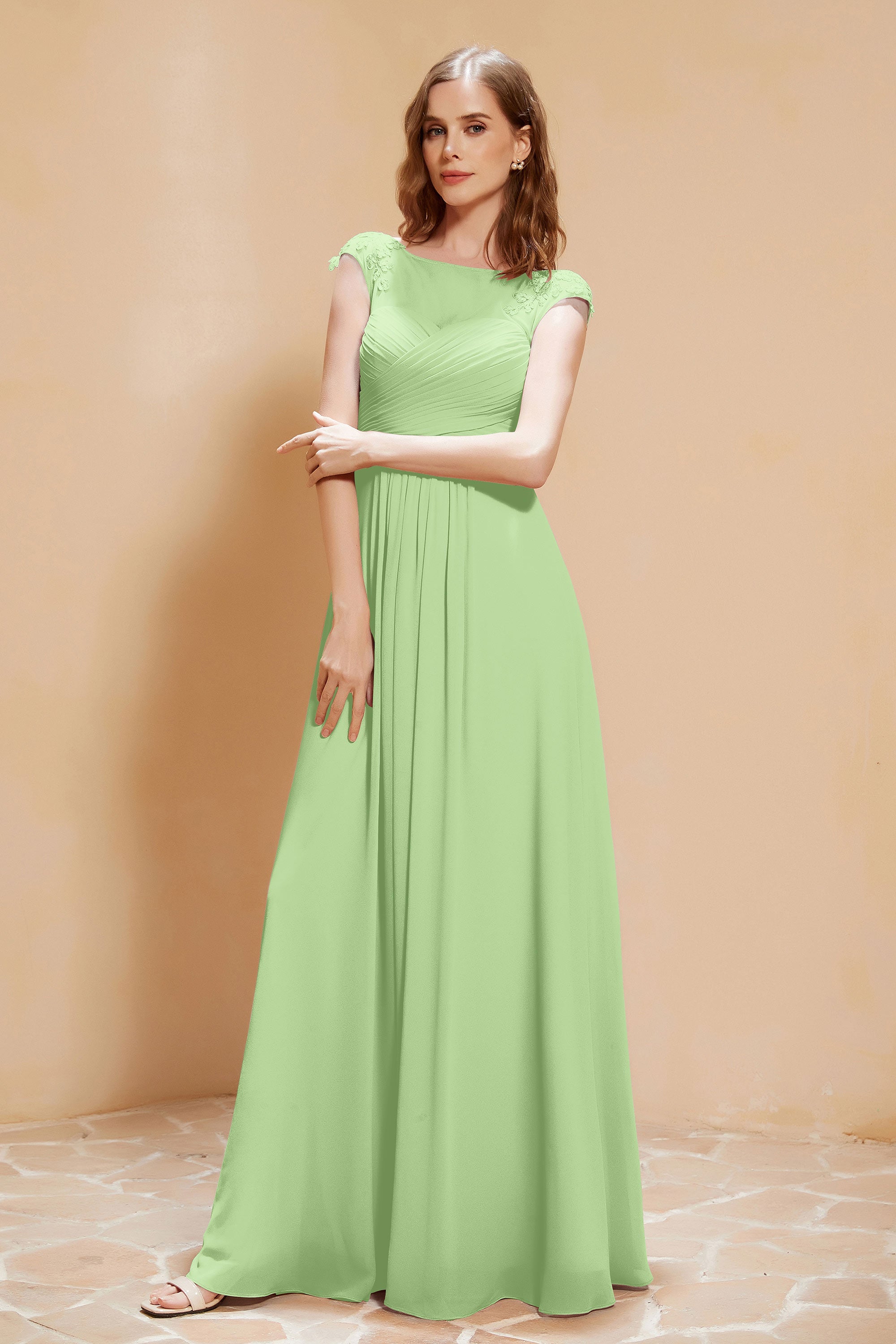 Illusion Neck Cap Sleeves Chiffon Bridesmaid Dress with Lace Formal Evening Prom Gowns