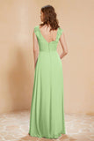 Illusion Neck Cap Sleeves Chiffon Bridesmaid Dress with Lace Formal Evening Prom Gowns