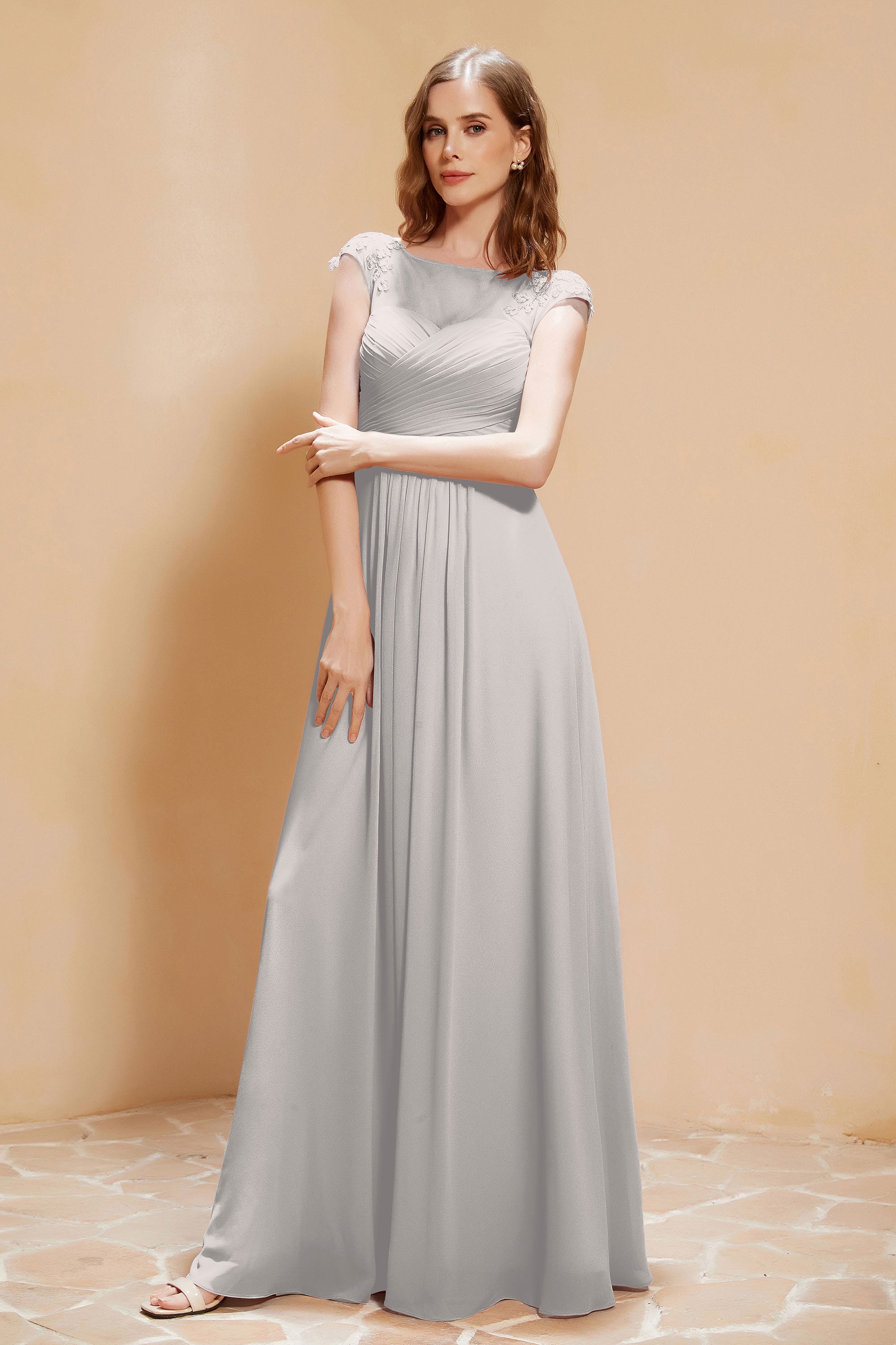 Illusion Neck Cap Sleeves Chiffon Bridesmaid Dress with Lace Formal Evening Prom Gowns
