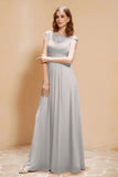 Illusion Neck Cap Sleeves Chiffon Bridesmaid Dress with Lace Formal Evening Prom Gowns