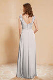 Illusion Neck Cap Sleeves Chiffon Bridesmaid Dress with Lace Formal Evening Prom Gowns