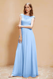 Illusion Neck Cap Sleeves Chiffon Bridesmaid Dress with Lace Formal Evening Prom Gowns