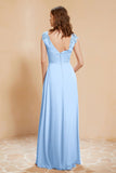 Illusion Neck Cap Sleeves Chiffon Bridesmaid Dress with Lace Formal Evening Prom Gowns