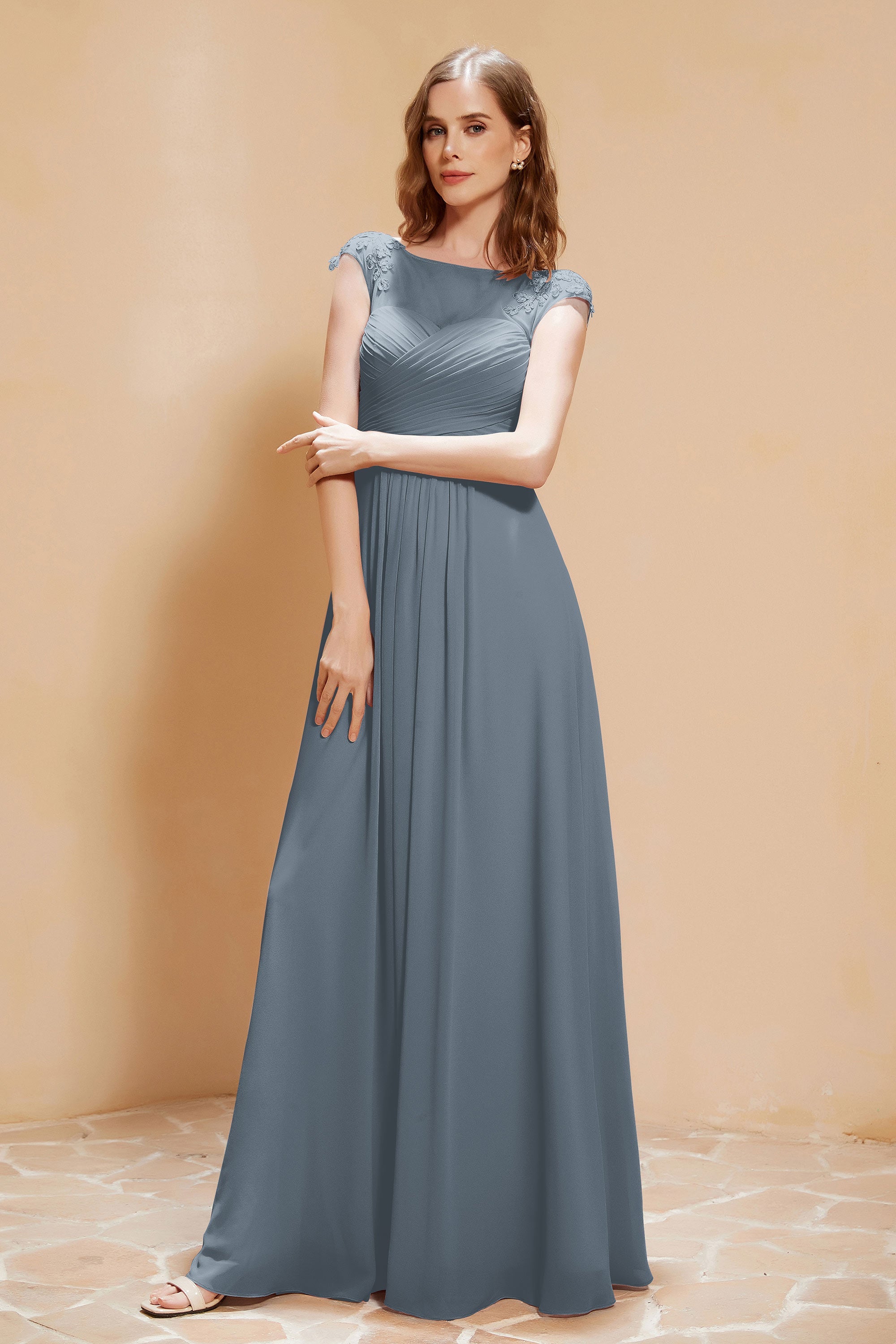 Illusion Neck Cap Sleeves Chiffon Bridesmaid Dress with Lace Formal Evening Prom Gowns