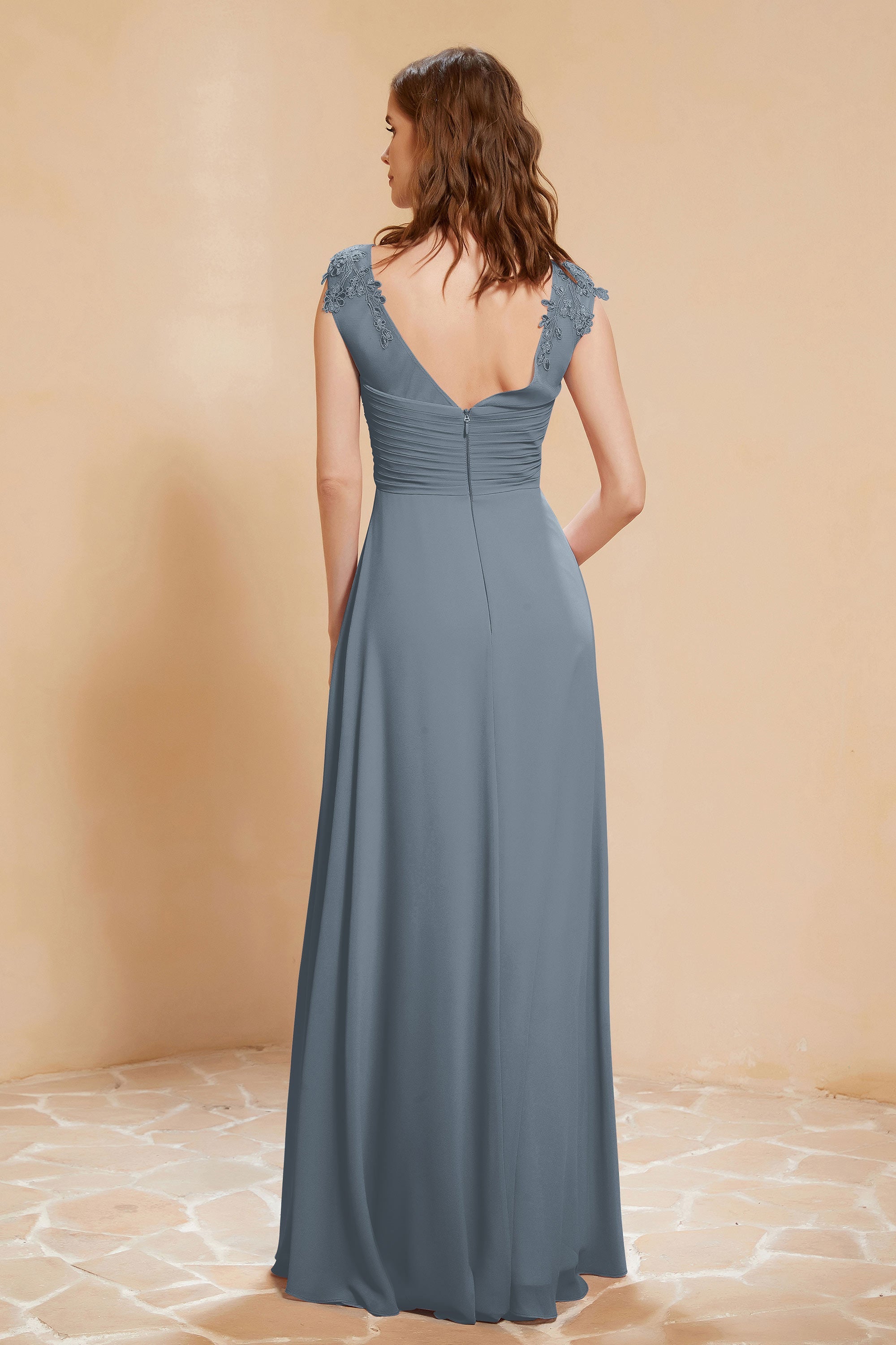 Illusion Neck Cap Sleeves Chiffon Bridesmaid Dress with Lace Formal Evening Prom Gowns