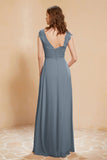 Illusion Neck Cap Sleeves Chiffon Bridesmaid Dress with Lace Formal Evening Prom Gowns