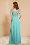 Illusion Neck Cap Sleeves Chiffon Bridesmaid Dress with Lace Formal Evening Prom Gowns