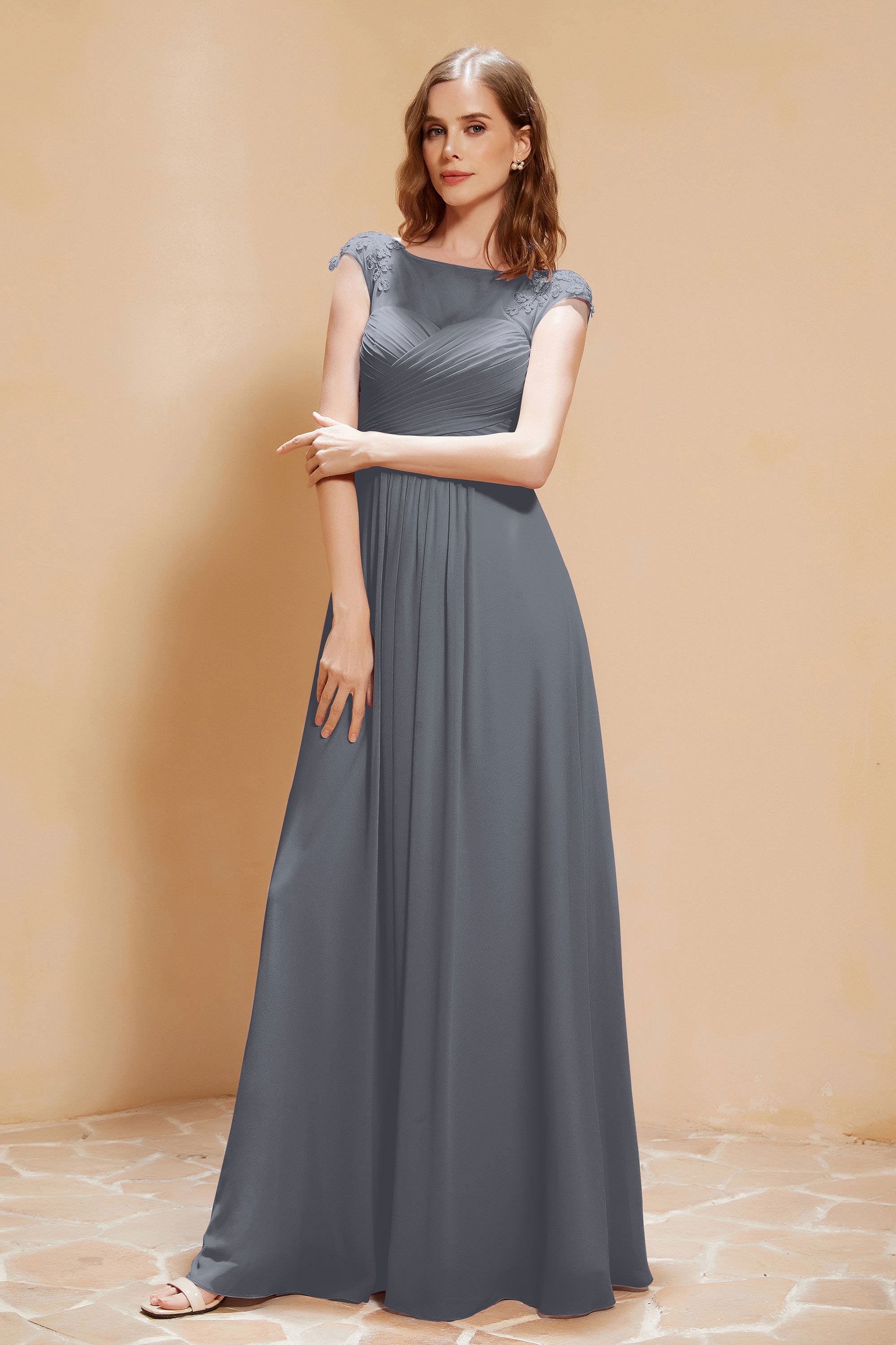 Illusion Neck Cap Sleeves Chiffon Bridesmaid Dress with Lace Formal Evening Prom Gowns