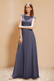 Illusion Neck Cap Sleeves Chiffon Bridesmaid Dress with Lace Formal Evening Prom Gowns