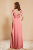 Illusion Neck Cap Sleeves Chiffon Bridesmaid Dress with Lace Formal Evening Prom Gowns
