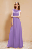 Illusion Neck Cap Sleeves Chiffon Bridesmaid Dress with Lace Formal Evening Prom Gowns