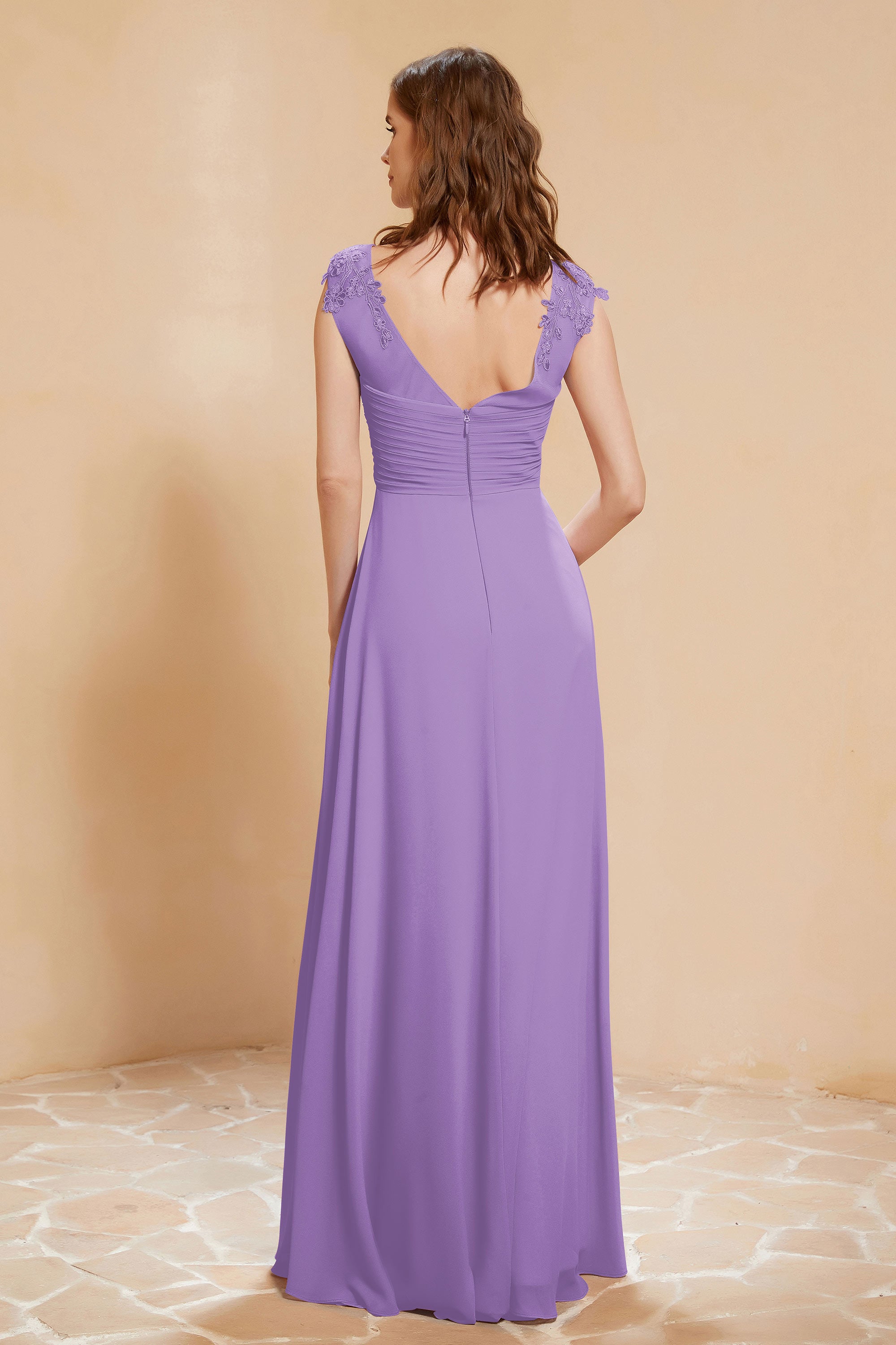 Illusion Neck Cap Sleeves Chiffon Bridesmaid Dress with Lace Formal Evening Prom Gowns