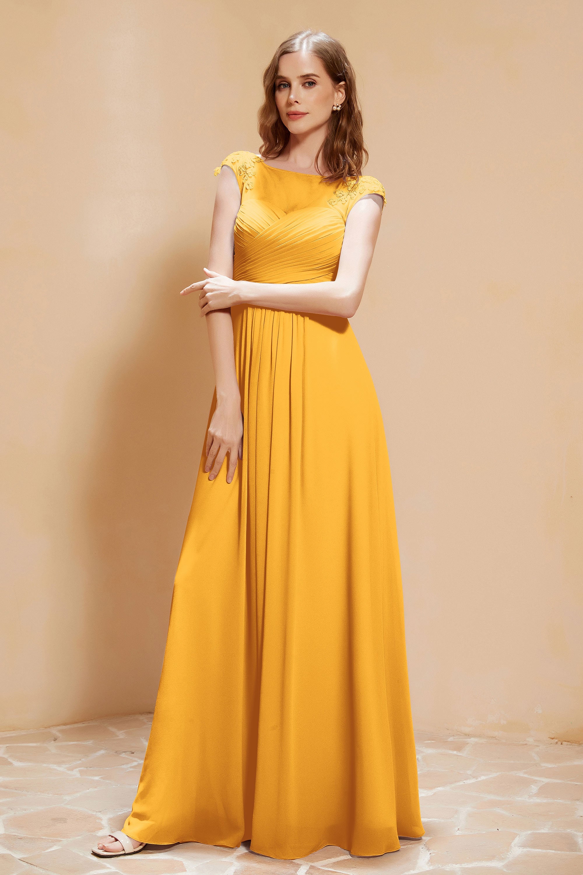 Illusion Neck Cap Sleeves Chiffon Bridesmaid Dress with Lace Formal Evening Prom Gowns