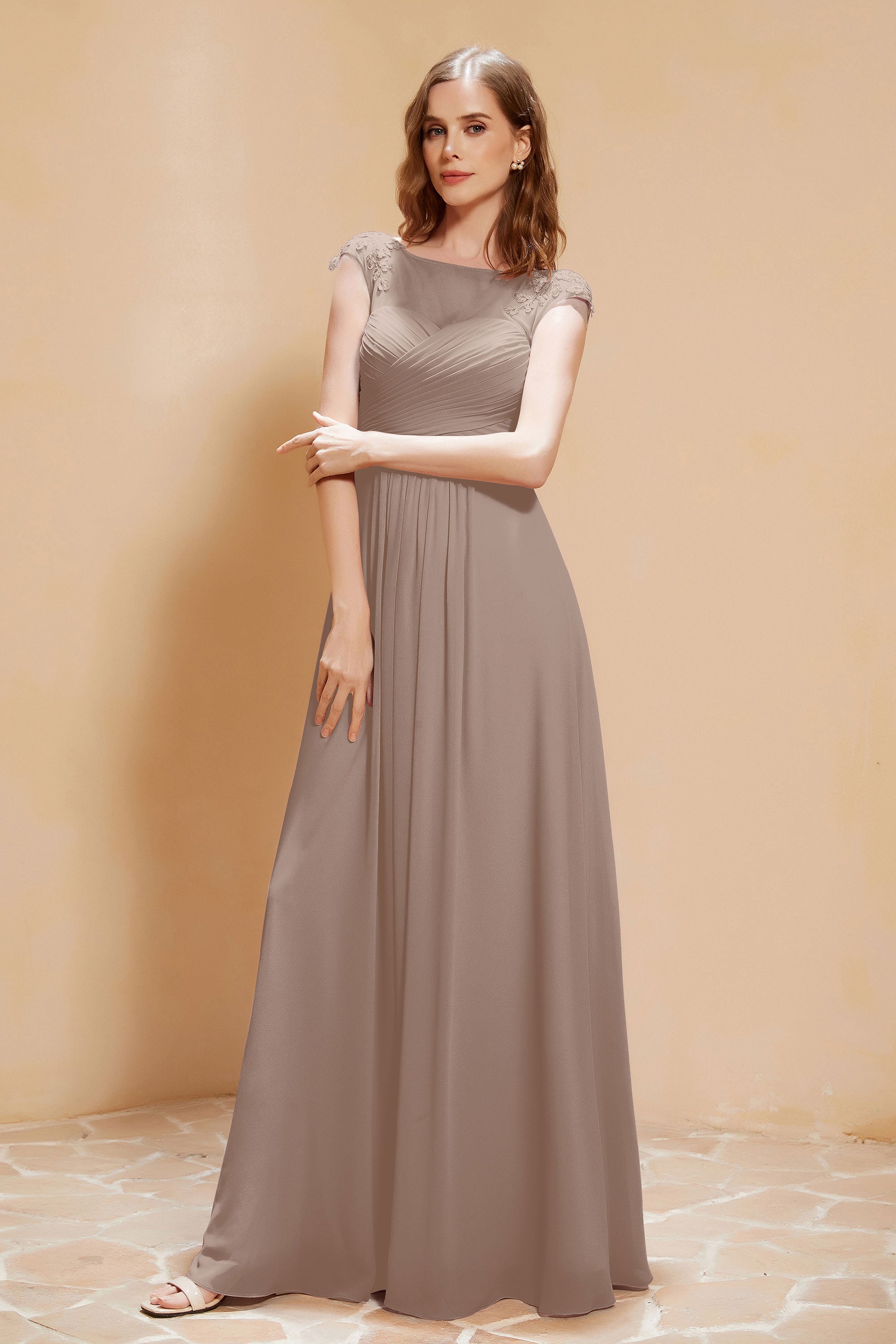 Illusion Neck Cap Sleeves Chiffon Bridesmaid Dress with Lace Formal Evening Prom Gowns