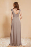 Illusion Neck Cap Sleeves Chiffon Bridesmaid Dress with Lace Formal Evening Prom Gowns