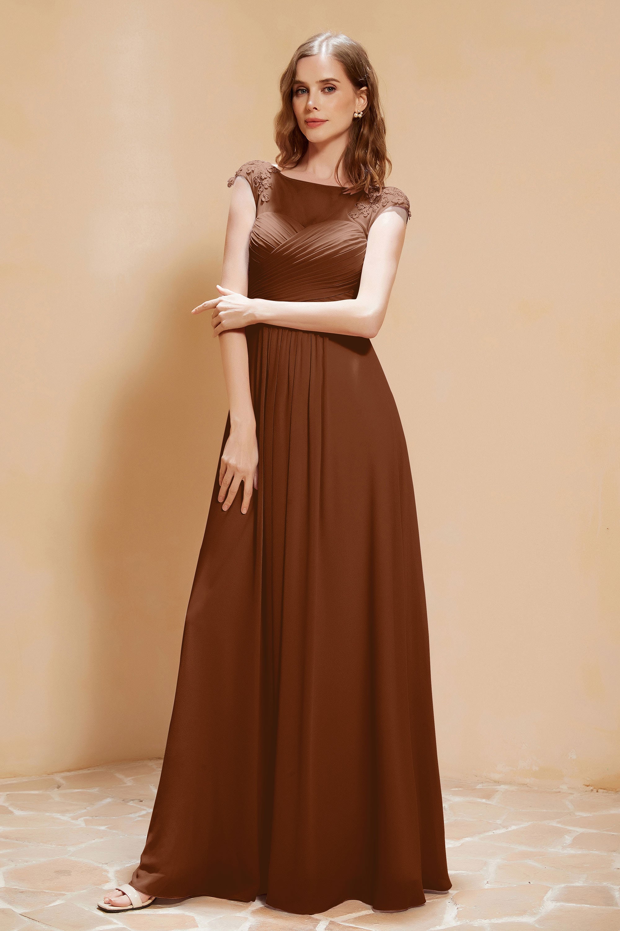Illusion Neck Cap Sleeves Chiffon Bridesmaid Dress with Lace Formal Evening Prom Gowns