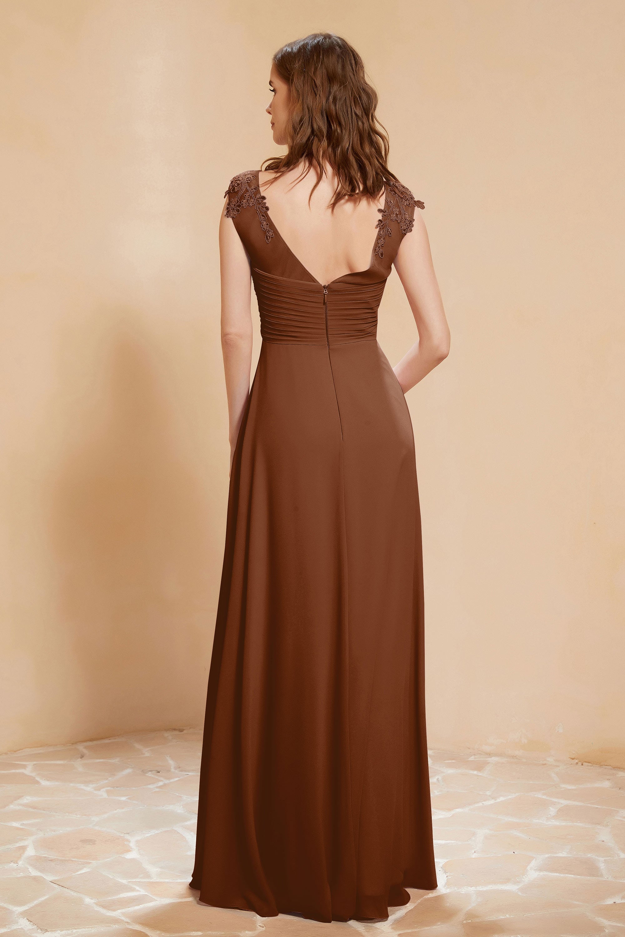 Illusion Neck Cap Sleeves Chiffon Bridesmaid Dress with Lace Formal Evening Prom Gowns