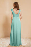 Illusion Neck Cap Sleeves Chiffon Bridesmaid Dress with Lace Formal Evening Prom Gowns