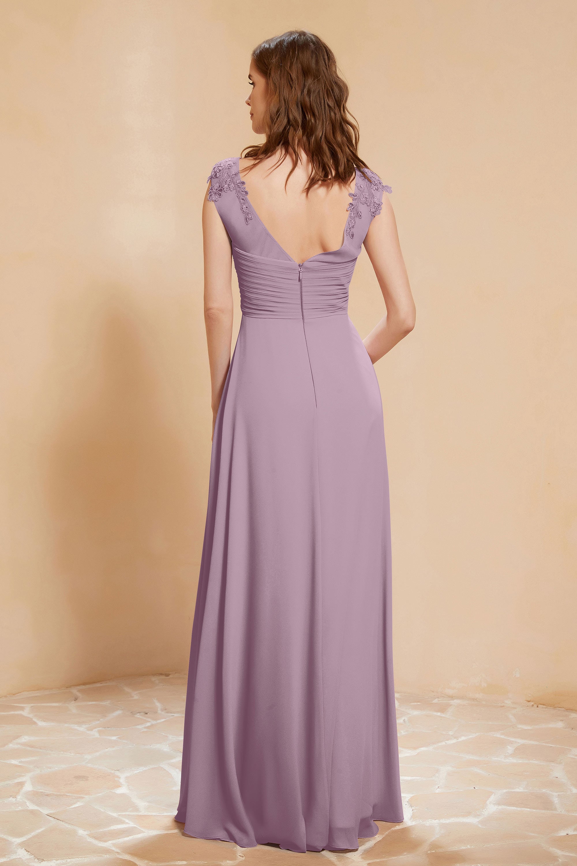 Illusion Neck Cap Sleeves Chiffon Bridesmaid Dress with Lace Formal Evening Prom Gowns