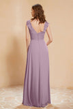 Illusion Neck Cap Sleeves Chiffon Bridesmaid Dress with Lace Formal Evening Prom Gowns