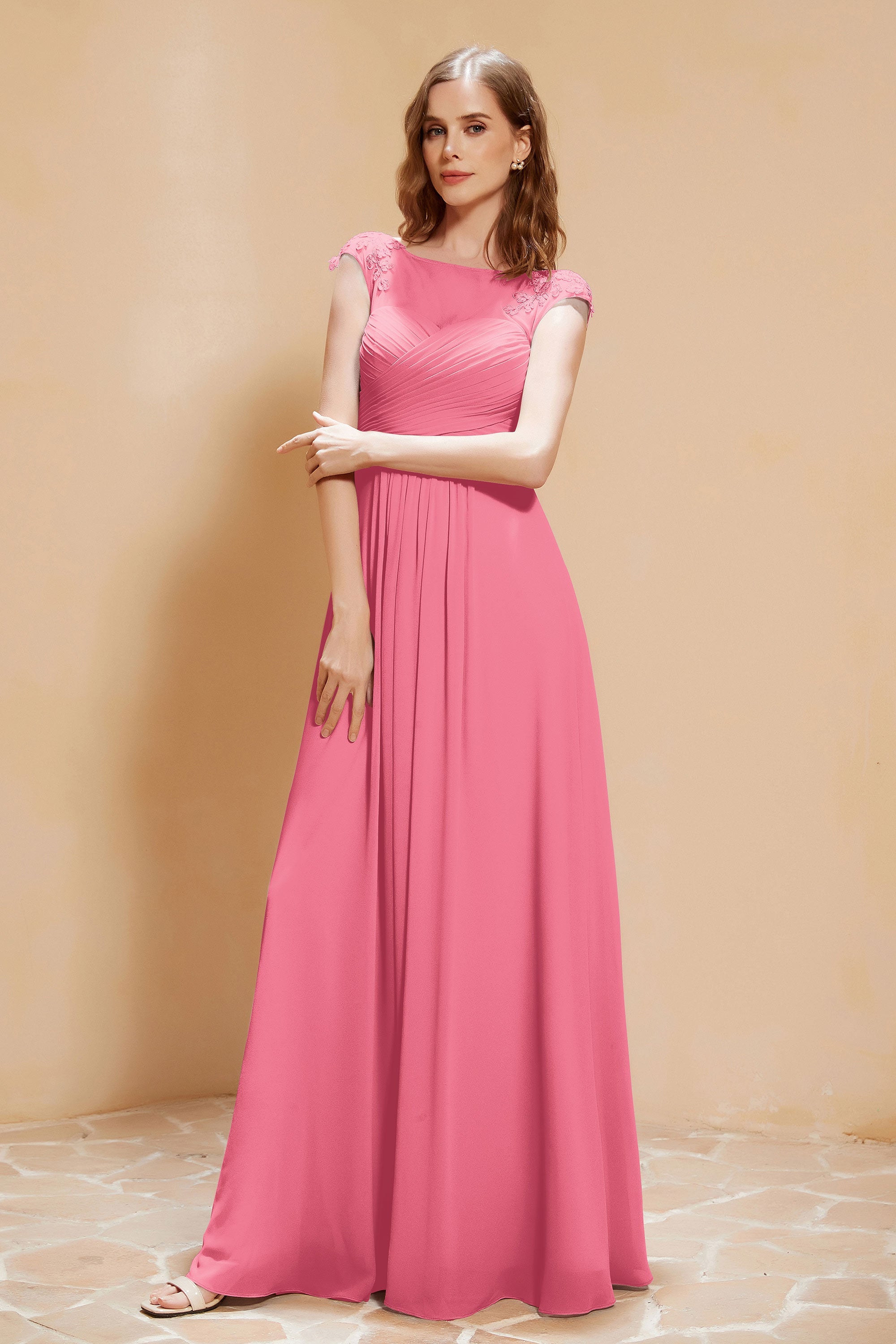 Illusion Neck Cap Sleeves Chiffon Bridesmaid Dress with Lace Formal Evening Prom Gowns