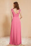 Illusion Neck Cap Sleeves Chiffon Bridesmaid Dress with Lace Formal Evening Prom Gowns