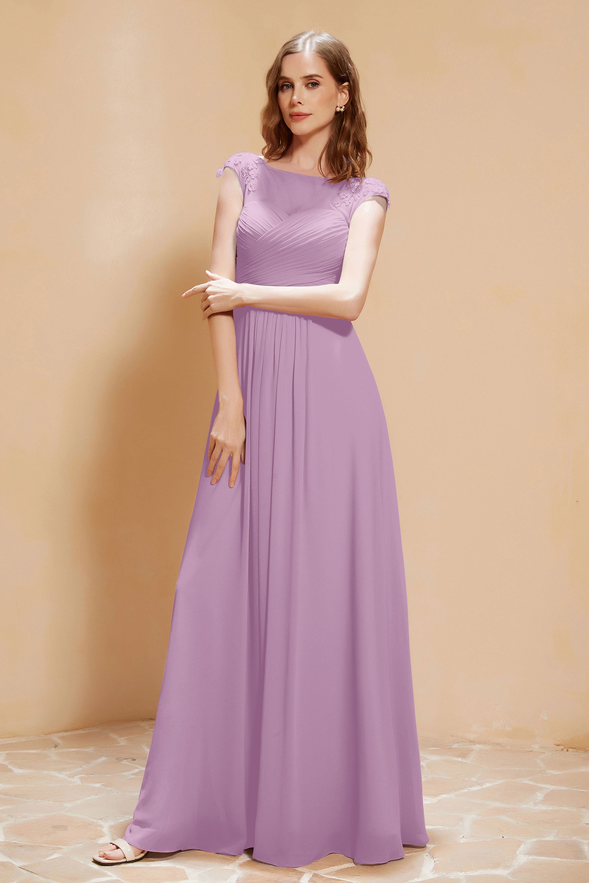 Illusion Neck Cap Sleeves Chiffon Bridesmaid Dress with Lace Formal Evening Prom Gowns