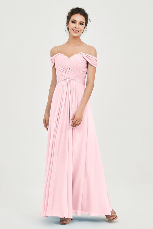 Off the Shoulder Ruched Chiffon Bridesmaid Dress Cap Pleated Formal Evening Dresses