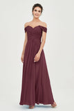 Off the Shoulder Ruched Chiffon Bridesmaid Dress Cap Pleated Formal Evening Dresses