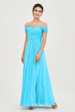 Off the Shoulder Ruched Chiffon Bridesmaid Dress Cap Pleated Formal Evening Dresses