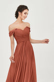 Off the Shoulder Ruched Chiffon Bridesmaid Dress Cap Pleated Formal Evening Dresses