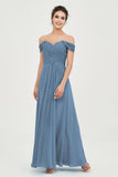 Off the Shoulder Ruched Chiffon Bridesmaid Dress Cap Pleated Formal Evening Dresses